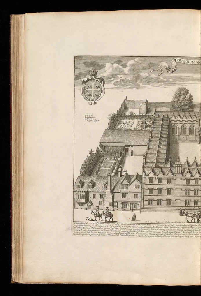 An illustration from Oxonia illustrata, sive, Omnium celeberrimae istius universitatis collegiorum, aularum, bibliothecae Bodleianae, scholarum publicarum, theatri Sheldoniani : nec non urbis totius scenographia, 1675, leaf 63