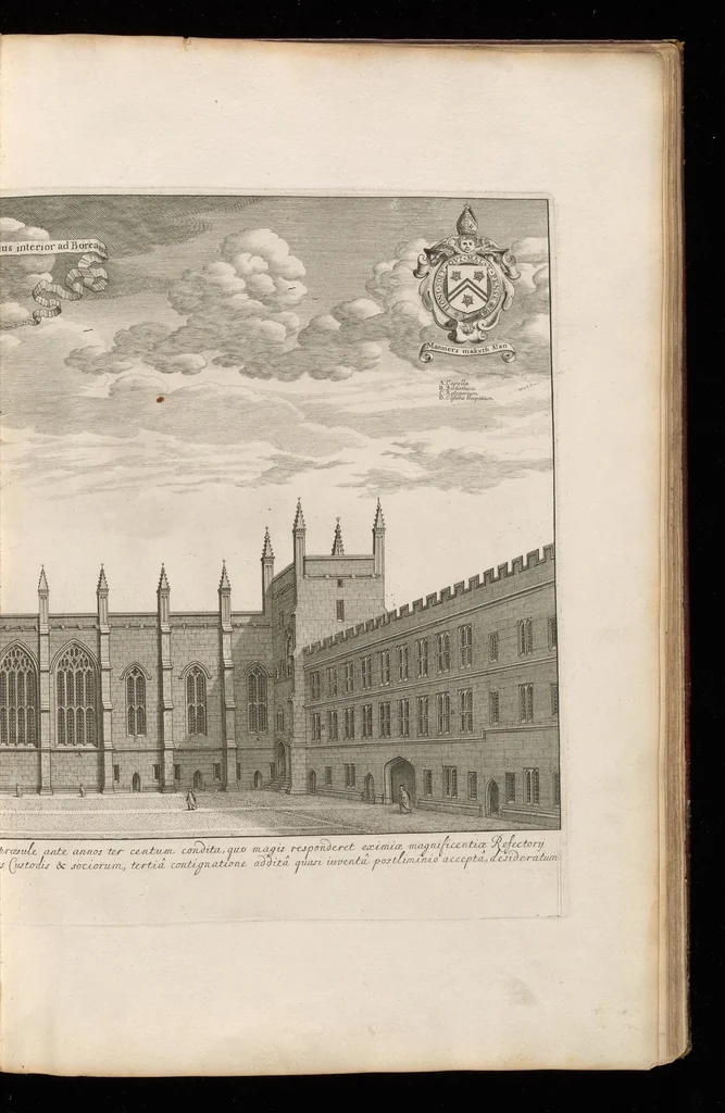 An illustration from Oxonia illustrata, sive, Omnium celeberrimae istius universitatis collegiorum, aularum, bibliothecae Bodleianae, scholarum publicarum, theatri Sheldoniani : nec non urbis totius scenographia, 1675, leaf 92