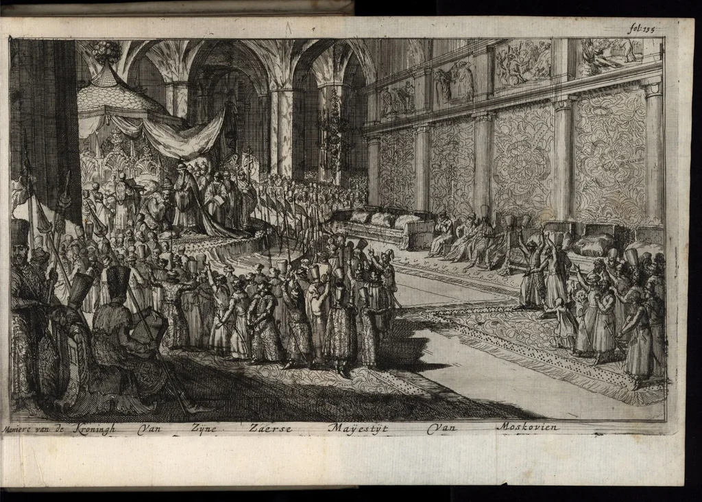 An illustration from Historisch verhael, of, Beschryving van de voyagie, gedaen onder de suite van den heere Koenraad van Klenk, extraordinaris ambassadeur van haer ho. mog. de heeren Staeten Generael en sijn hoogheyt den heere Prince van Orange, aan zijne zaarsche majesteyt van Moscovien : neven een pertinente beschrijvinge van het selve rijck ... : verciert met eenige koopere plaeten, en naeukeurigh beschreven, 1677, leaf 164