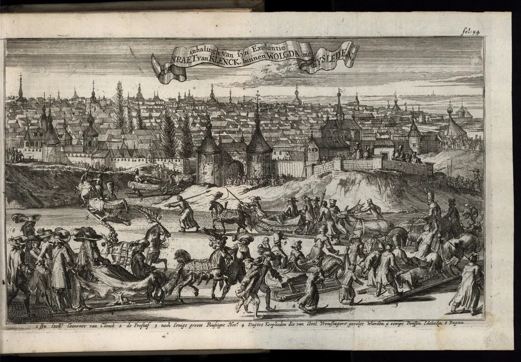 An illustration from Historisch verhael, of, Beschryving van de voyagie, gedaen onder de suite van den heere Koenraad van Klenk, extraordinaris ambassadeur van haer ho. mog. de heeren Staeten Generael en sijn hoogheyt den heere Prince van Orange, aan zijne zaarsche majesteyt van Moscovien : neven een pertinente beschrijvinge van het selve rijck ... : verciert met eenige koopere plaeten, en naeukeurigh beschreven, 1677, leaf 70