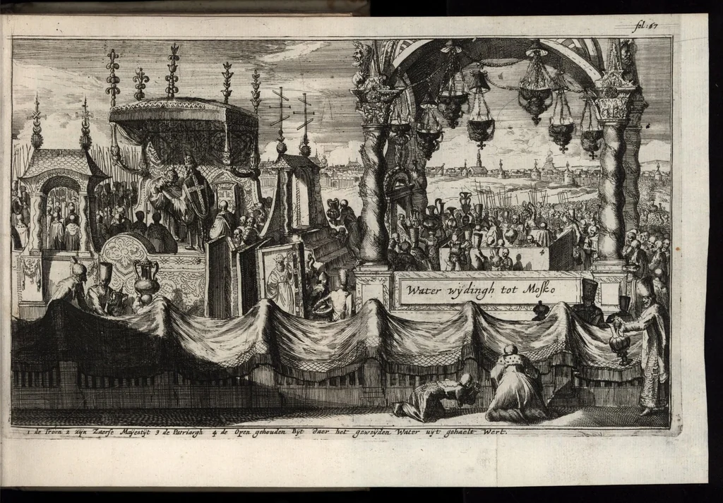 An illustration from Historisch verhael, of, Beschryving van de voyagie, gedaen onder de suite van den heere Koenraad van Klenk, extraordinaris ambassadeur van haer ho. mog. de heeren Staeten Generael en sijn hoogheyt den heere Prince van Orange, aan zijne zaarsche majesteyt van Moscovien : neven een pertinente beschrijvinge van het selve rijck ... : verciert met eenige koopere plaeten, en naeukeurigh beschreven, 1677, leaf 84