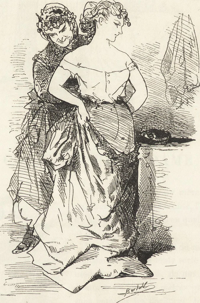 An illustration from La comédie de notre temps ... études au crayon et à la plume, 1874, leaf 129