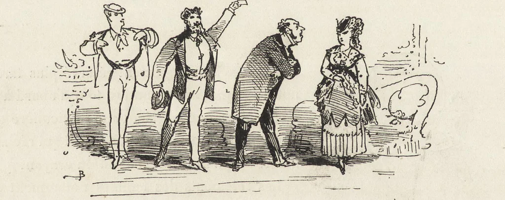 An illustration from La comédie de notre temps ... études au crayon et à la plume, 1874, leaf 13