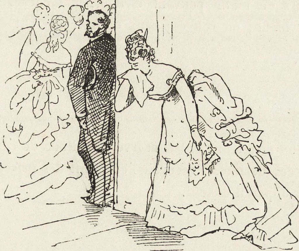 An illustration from La comédie de notre temps ... études au crayon et à la plume, 1874, leaf 220