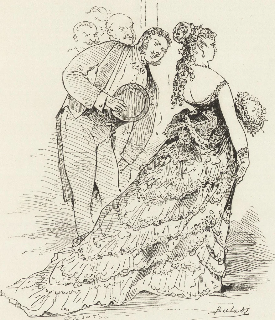 An illustration from La comédie de notre temps ... études au crayon et à la plume, 1874, leaf 28