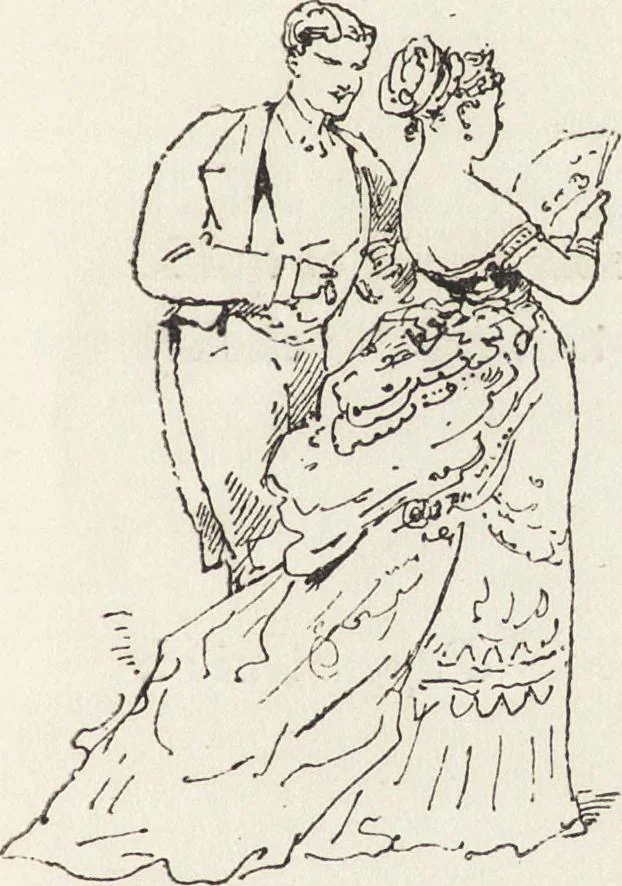 An illustration from La comédie de notre temps ... études au crayon et à la plume, 1874, leaf 34