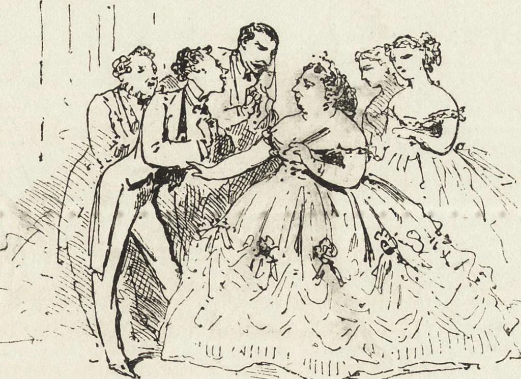 An illustration from La comédie de notre temps ... études au crayon et à la plume, 1874, leaf 364