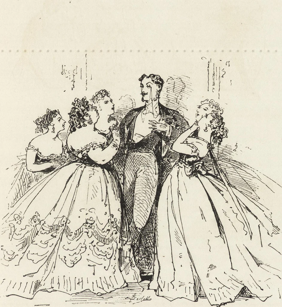An illustration from La comédie de notre temps ... études au crayon et à la plume, 1874, leaf 366