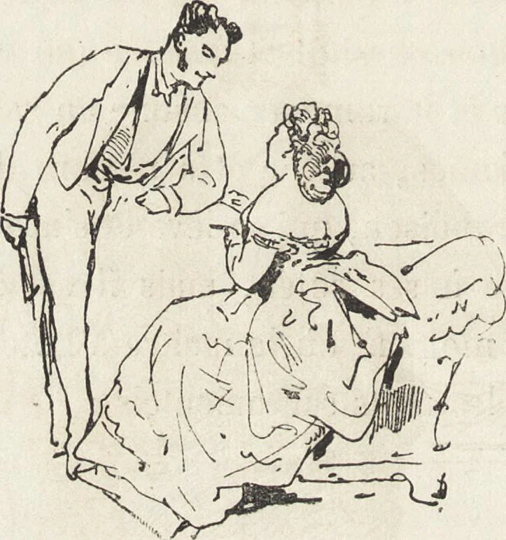 An illustration from La comédie de notre temps ... études au crayon et à la plume, 1874, leaf 389