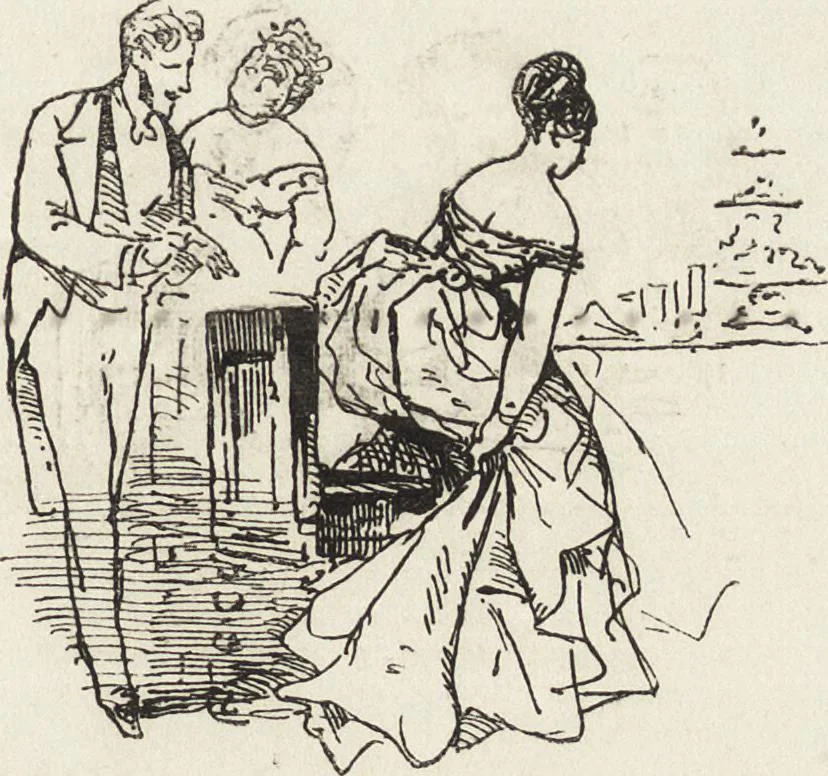 An illustration from La comédie de notre temps ... études au crayon et à la plume, 1874, leaf 394