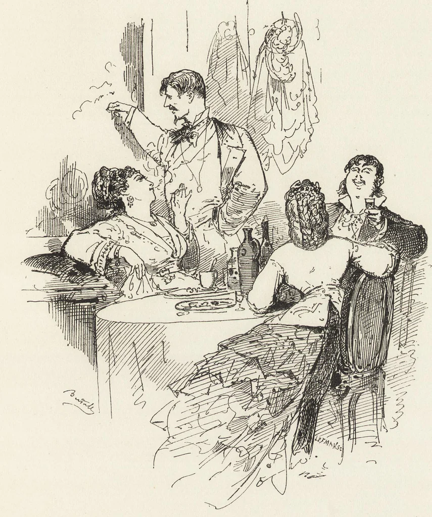 An illustration from La comédie de notre temps ... études au crayon et à la plume, 1874, leaf 418