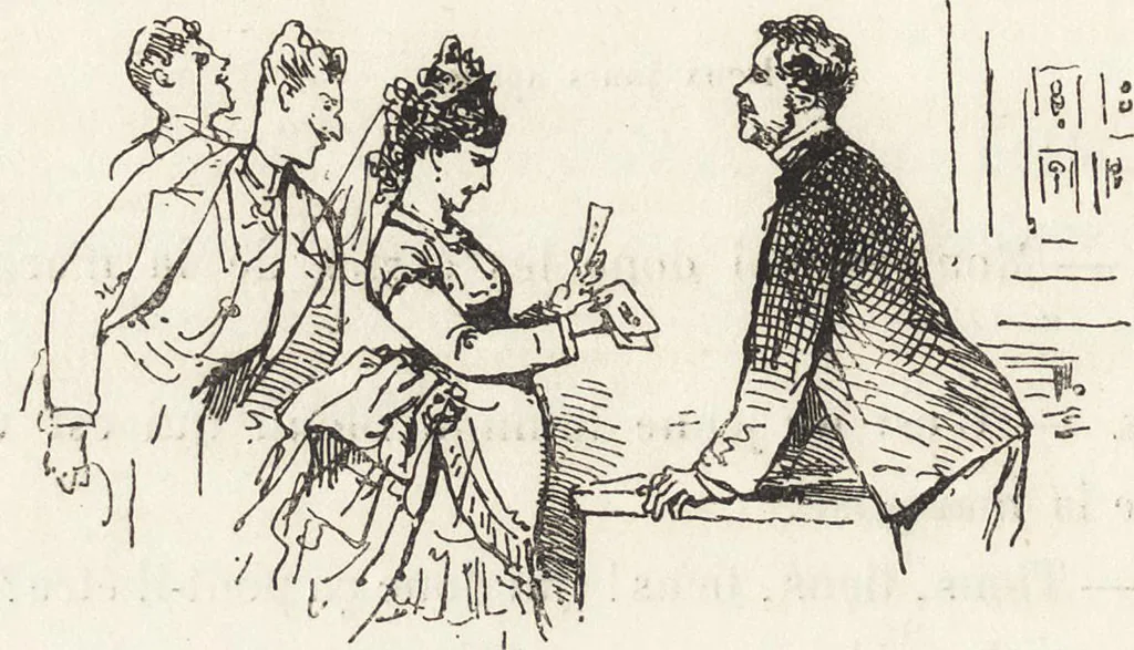 An illustration from La comédie de notre temps ... études au crayon et à la plume, 1874, leaf 465