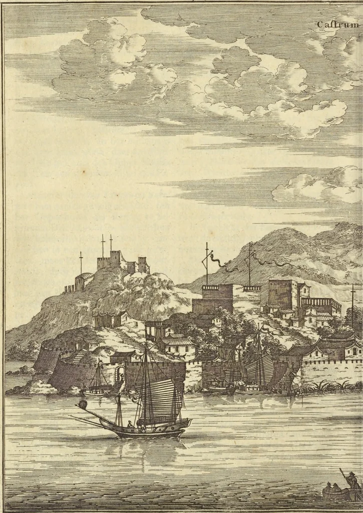An illustration from Gedenkwaerdig bedryf der Nederlandsche Oost-Indische Maetschappye, op de kuste en in het keizerrijk van Taising of Sina : behelzende het tweede gezandschap aen den onder-koning Singlamong en veldheer Taising Lipoui, door Jan van Kampen en Konstantyn Nobel : vervolgt met een verhael van het voorgevallen des jaers zestien hondert drie en vier en zestig, op de kuste van Sina, en ontrent d'eilanden Tayowan, Formosa, Ay en Quemuy, onder't gezag van Balthasar Bort : en het derde gezandschap aen Konchy, Tartarsche keizer van Sina en Oost-Tartarye : onder beleit van zijne ed. Pieter van Hoorn : beneffens een beschryving van geheel Sina : verçiert doorgaens met verscheide kopere platen, 1670, leaf 146