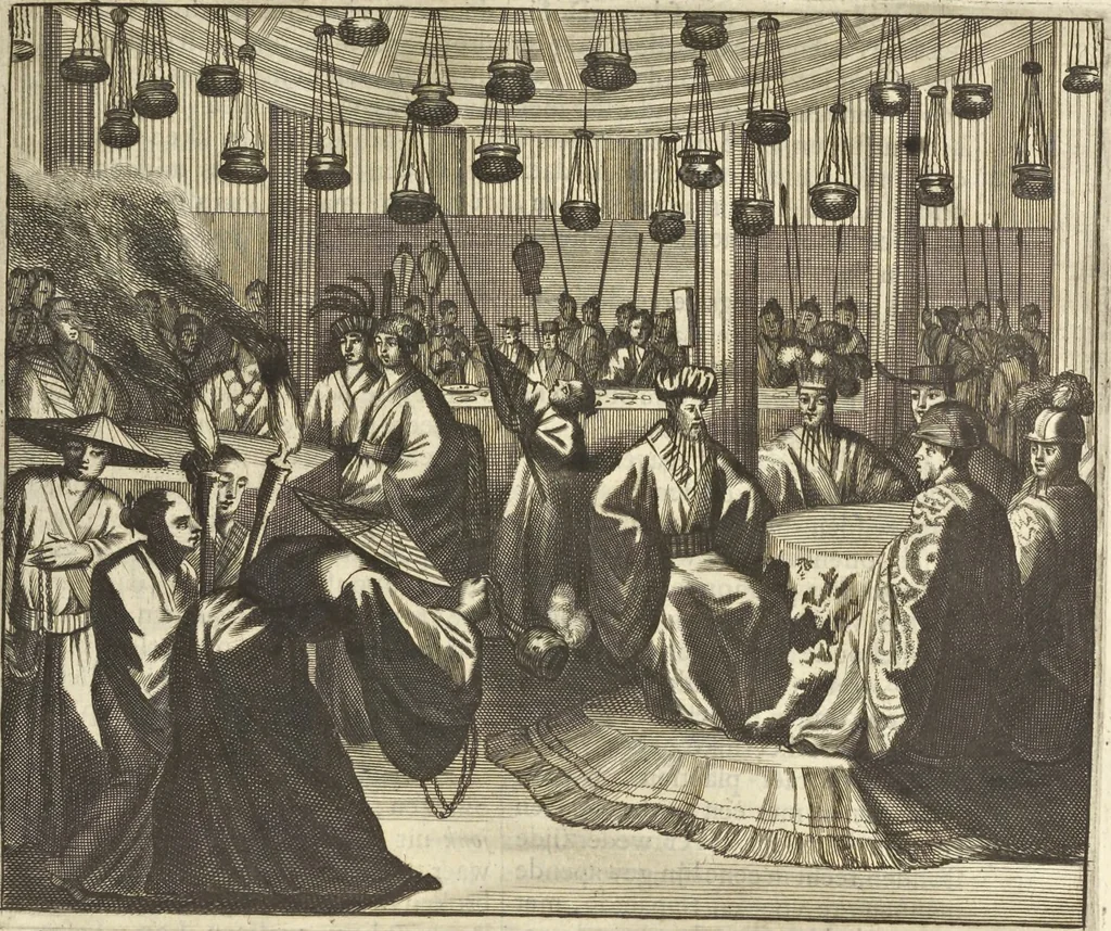 An illustration from Gedenkwaerdig bedryf der Nederlandsche Oost-Indische Maetschappye, op de kuste en in het keizerrijk van Taising of Sina : behelzende het tweede gezandschap aen den onder-koning Singlamong en veldheer Taising Lipoui, door Jan van Kampen en Konstantyn Nobel : vervolgt met een verhael van het voorgevallen des jaers zestien hondert drie en vier en zestig, op de kuste van Sina, en ontrent d'eilanden Tayowan, Formosa, Ay en Quemuy, onder't gezag van Balthasar Bort : en het derde gezandschap aen Konchy, Tartarsche keizer van Sina en Oost-Tartarye : onder beleit van zijne ed. Pieter van Hoorn : beneffens een beschryving van geheel Sina : verçiert doorgaens met verscheide kopere platen, 1670, leaf 167