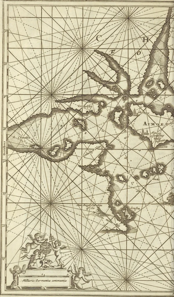 An illustration from Gedenkwaerdig bedryf der Nederlandsche Oost-Indische Maetschappye, op de kuste en in het keizerrijk van Taising of Sina : behelzende het tweede gezandschap aen den onder-koning Singlamong en veldheer Taising Lipoui, door Jan van Kampen en Konstantyn Nobel : vervolgt met een verhael van het voorgevallen des jaers zestien hondert drie en vier en zestig, op de kuste van Sina, en ontrent d'eilanden Tayowan, Formosa, Ay en Quemuy, onder't gezag van Balthasar Bort : en het derde gezandschap aen Konchy, Tartarsche keizer van Sina en Oost-Tartarye : onder beleit van zijne ed. Pieter van Hoorn : beneffens een beschryving van geheel Sina : verçiert doorgaens met verscheide kopere platen, 1670, leaf 214