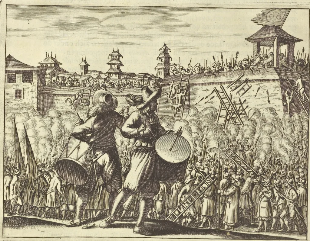 An illustration from Gedenkwaerdig bedryf der Nederlandsche Oost-Indische Maetschappye, op de kuste en in het keizerrijk van Taising of Sina : behelzende het tweede gezandschap aen den onder-koning Singlamong en veldheer Taising Lipoui, door Jan van Kampen en Konstantyn Nobel : vervolgt met een verhael van het voorgevallen des jaers zestien hondert drie en vier en zestig, op de kuste van Sina, en ontrent d'eilanden Tayowan, Formosa, Ay en Quemuy, onder't gezag van Balthasar Bort : en het derde gezandschap aen Konchy, Tartarsche keizer van Sina en Oost-Tartarye : onder beleit van zijne ed. Pieter van Hoorn : beneffens een beschryving van geheel Sina : verçiert doorgaens met verscheide kopere platen, 1670, leaf 220