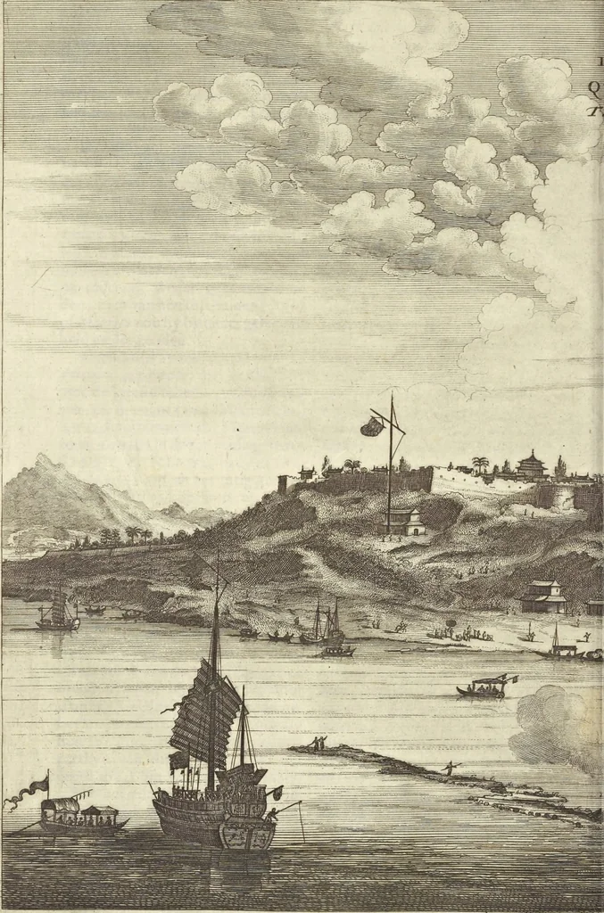 An illustration from Gedenkwaerdig bedryf der Nederlandsche Oost-Indische Maetschappye, op de kuste en in het keizerrijk van Taising of Sina : behelzende het tweede gezandschap aen den onder-koning Singlamong en veldheer Taising Lipoui, door Jan van Kampen en Konstantyn Nobel : vervolgt met een verhael van het voorgevallen des jaers zestien hondert drie en vier en zestig, op de kuste van Sina, en ontrent d'eilanden Tayowan, Formosa, Ay en Quemuy, onder't gezag van Balthasar Bort : en het derde gezandschap aen Konchy, Tartarsche keizer van Sina en Oost-Tartarye : onder beleit van zijne ed. Pieter van Hoorn : beneffens een beschryving van geheel Sina : verçiert doorgaens met verscheide kopere platen, 1670, leaf 224