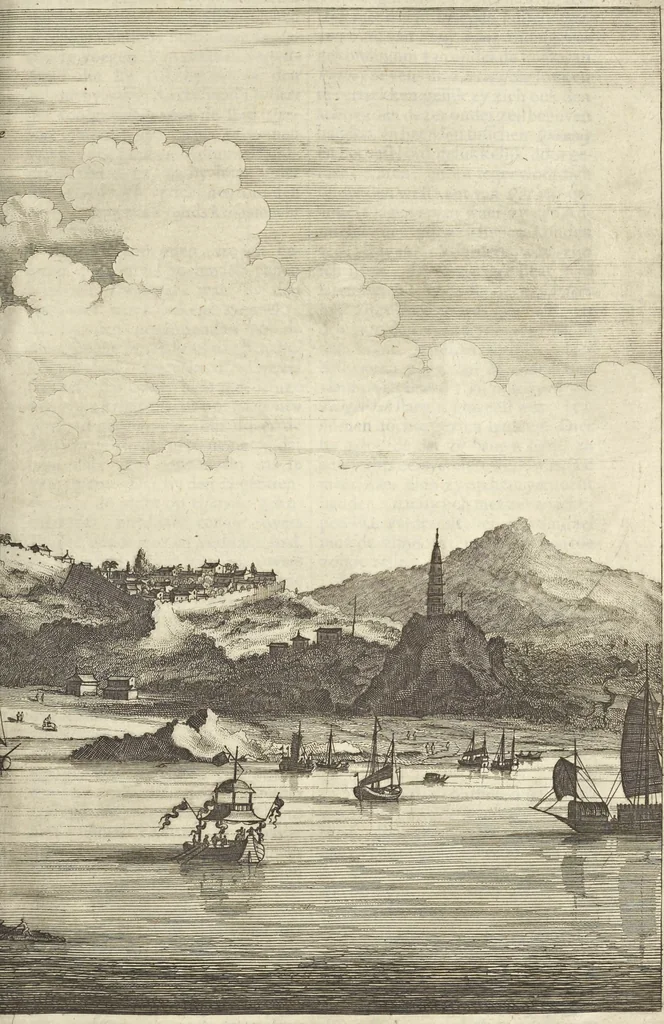 An illustration from Gedenkwaerdig bedryf der Nederlandsche Oost-Indische Maetschappye, op de kuste en in het keizerrijk van Taising of Sina : behelzende het tweede gezandschap aen den onder-koning Singlamong en veldheer Taising Lipoui, door Jan van Kampen en Konstantyn Nobel : vervolgt met een verhael van het voorgevallen des jaers zestien hondert drie en vier en zestig, op de kuste van Sina, en ontrent d'eilanden Tayowan, Formosa, Ay en Quemuy, onder't gezag van Balthasar Bort : en het derde gezandschap aen Konchy, Tartarsche keizer van Sina en Oost-Tartarye : onder beleit van zijne ed. Pieter van Hoorn : beneffens een beschryving van geheel Sina : verçiert doorgaens met verscheide kopere platen, 1670, leaf 225