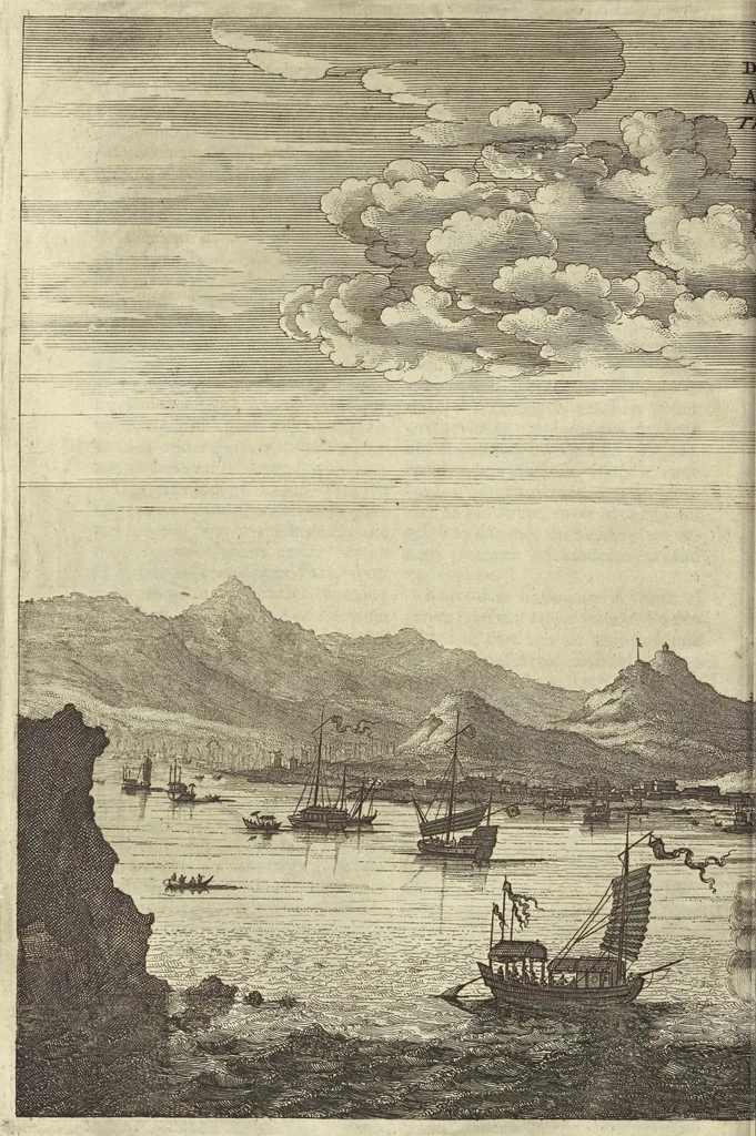 An illustration from Gedenkwaerdig bedryf der Nederlandsche Oost-Indische Maetschappye, op de kuste en in het keizerrijk van Taising of Sina : behelzende het tweede gezandschap aen den onder-koning Singlamong en veldheer Taising Lipoui, door Jan van Kampen en Konstantyn Nobel : vervolgt met een verhael van het voorgevallen des jaers zestien hondert drie en vier en zestig, op de kuste van Sina, en ontrent d'eilanden Tayowan, Formosa, Ay en Quemuy, onder't gezag van Balthasar Bort : en het derde gezandschap aen Konchy, Tartarsche keizer van Sina en Oost-Tartarye : onder beleit van zijne ed. Pieter van Hoorn : beneffens een beschryving van geheel Sina : verçiert doorgaens met verscheide kopere platen, 1670, leaf 234