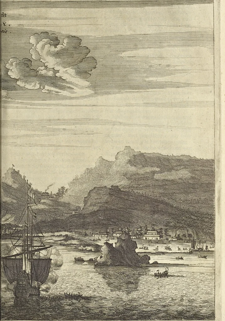 An illustration from Gedenkwaerdig bedryf der Nederlandsche Oost-Indische Maetschappye, op de kuste en in het keizerrijk van Taising of Sina : behelzende het tweede gezandschap aen den onder-koning Singlamong en veldheer Taising Lipoui, door Jan van Kampen en Konstantyn Nobel : vervolgt met een verhael van het voorgevallen des jaers zestien hondert drie en vier en zestig, op de kuste van Sina, en ontrent d'eilanden Tayowan, Formosa, Ay en Quemuy, onder't gezag van Balthasar Bort : en het derde gezandschap aen Konchy, Tartarsche keizer van Sina en Oost-Tartarye : onder beleit van zijne ed. Pieter van Hoorn : beneffens een beschryving van geheel Sina : verçiert doorgaens met verscheide kopere platen, 1670, leaf 235
