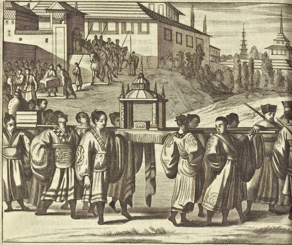 An illustration from Gedenkwaerdig bedryf der Nederlandsche Oost-Indische Maetschappye, op de kuste en in het keizerrijk van Taising of Sina : behelzende het tweede gezandschap aen den onder-koning Singlamong en veldheer Taising Lipoui, door Jan van Kampen en Konstantyn Nobel : vervolgt met een verhael van het voorgevallen des jaers zestien hondert drie en vier en zestig, op de kuste van Sina, en ontrent d'eilanden Tayowan, Formosa, Ay en Quemuy, onder't gezag van Balthasar Bort : en het derde gezandschap aen Konchy, Tartarsche keizer van Sina en Oost-Tartarye : onder beleit van zijne ed. Pieter van Hoorn : beneffens een beschryving van geheel Sina : verçiert doorgaens met verscheide kopere platen, 1670, leaf 316