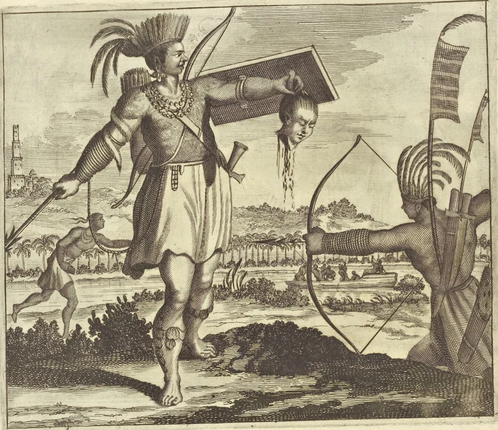 An illustration from Gedenkwaerdig bedryf der Nederlandsche Oost-Indische Maetschappye, op de kuste en in het keizerrijk van Taising of Sina : behelzende het tweede gezandschap aen den onder-koning Singlamong en veldheer Taising Lipoui, door Jan van Kampen en Konstantyn Nobel : vervolgt met een verhael van het voorgevallen des jaers zestien hondert drie en vier en zestig, op de kuste van Sina, en ontrent d'eilanden Tayowan, Formosa, Ay en Quemuy, onder't gezag van Balthasar Bort : en het derde gezandschap aen Konchy, Tartarsche keizer van Sina en Oost-Tartarye : onder beleit van zijne ed. Pieter van Hoorn : beneffens een beschryving van geheel Sina : verçiert doorgaens met verscheide kopere platen, 1670, leaf 33