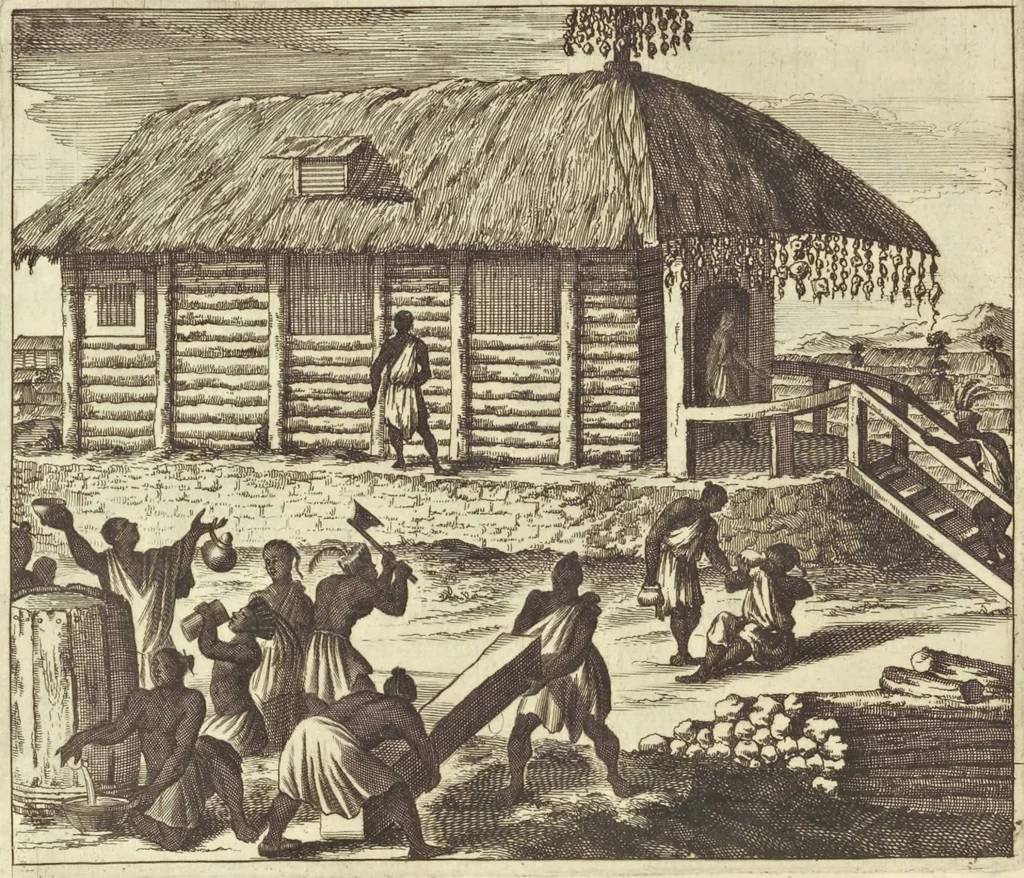 An illustration from Gedenkwaerdig bedryf der Nederlandsche Oost-Indische Maetschappye, op de kuste en in het keizerrijk van Taising of Sina : behelzende het tweede gezandschap aen den onder-koning Singlamong en veldheer Taising Lipoui, door Jan van Kampen en Konstantyn Nobel : vervolgt met een verhael van het voorgevallen des jaers zestien hondert drie en vier en zestig, op de kuste van Sina, en ontrent d'eilanden Tayowan, Formosa, Ay en Quemuy, onder't gezag van Balthasar Bort : en het derde gezandschap aen Konchy, Tartarsche keizer van Sina en Oost-Tartarye : onder beleit van zijne ed. Pieter van Hoorn : beneffens een beschryving van geheel Sina : verçiert doorgaens met verscheide kopere platen, 1670, leaf 35