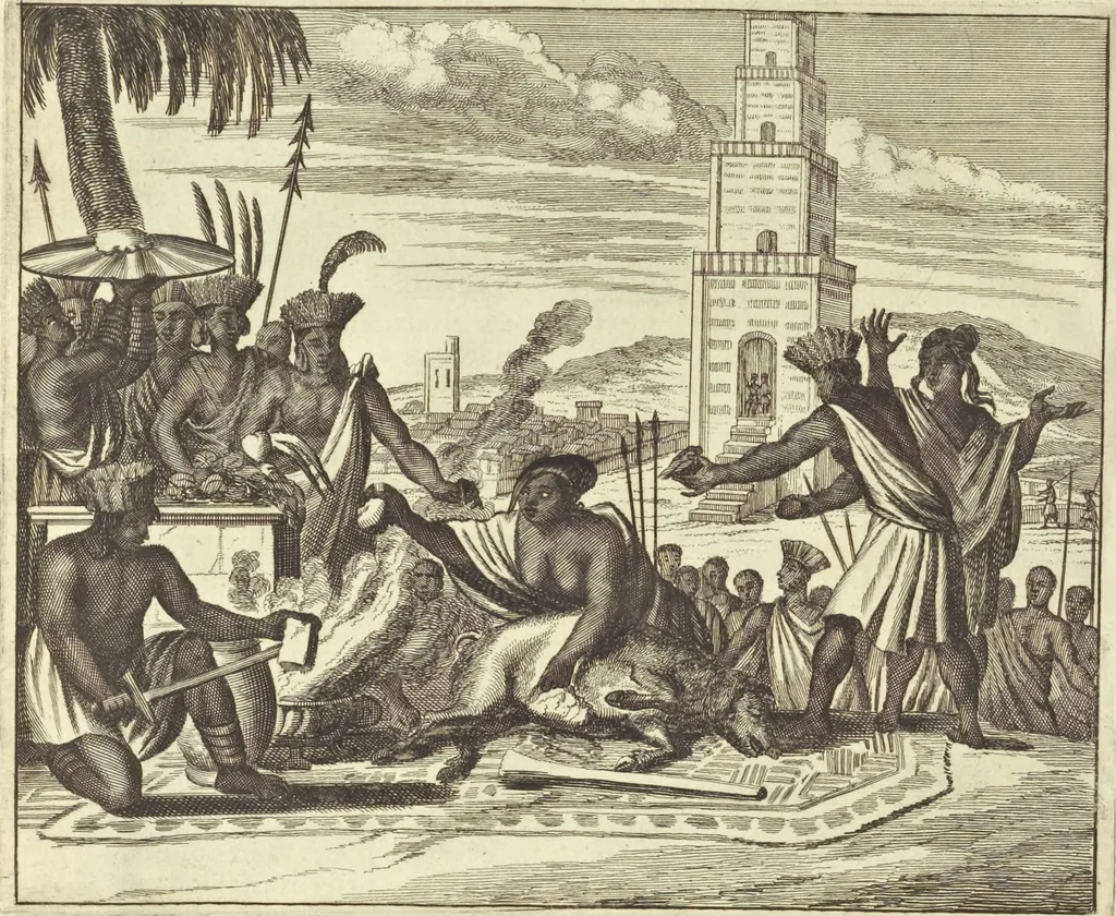 An illustration from Gedenkwaerdig bedryf der Nederlandsche Oost-Indische Maetschappye, op de kuste en in het keizerrijk van Taising of Sina : behelzende het tweede gezandschap aen den onder-koning Singlamong en veldheer Taising Lipoui, door Jan van Kampen en Konstantyn Nobel : vervolgt met een verhael van het voorgevallen des jaers zestien hondert drie en vier en zestig, op de kuste van Sina, en ontrent d'eilanden Tayowan, Formosa, Ay en Quemuy, onder't gezag van Balthasar Bort : en het derde gezandschap aen Konchy, Tartarsche keizer van Sina en Oost-Tartarye : onder beleit van zijne ed. Pieter van Hoorn : beneffens een beschryving van geheel Sina : verçiert doorgaens met verscheide kopere platen, 1670, leaf 37