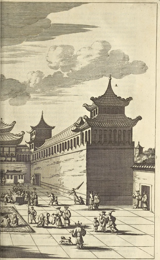 An illustration from Gedenkwaerdig bedryf der Nederlandsche Oost-Indische Maetschappye, op de kuste en in het keizerrijk van Taising of Sina : behelzende het tweede gezandschap aen den onder-koning Singlamong en veldheer Taising Lipoui, door Jan van Kampen en Konstantyn Nobel : vervolgt met een verhael van het voorgevallen des jaers zestien hondert drie en vier en zestig, op de kuste van Sina, en ontrent d'eilanden Tayowan, Formosa, Ay en Quemuy, onder't gezag van Balthasar Bort : en het derde gezandschap aen Konchy, Tartarsche keizer van Sina en Oost-Tartarye : onder beleit van zijne ed. Pieter van Hoorn : beneffens een beschryving van geheel Sina : verçiert doorgaens met verscheide kopere platen, 1670, leaf 393