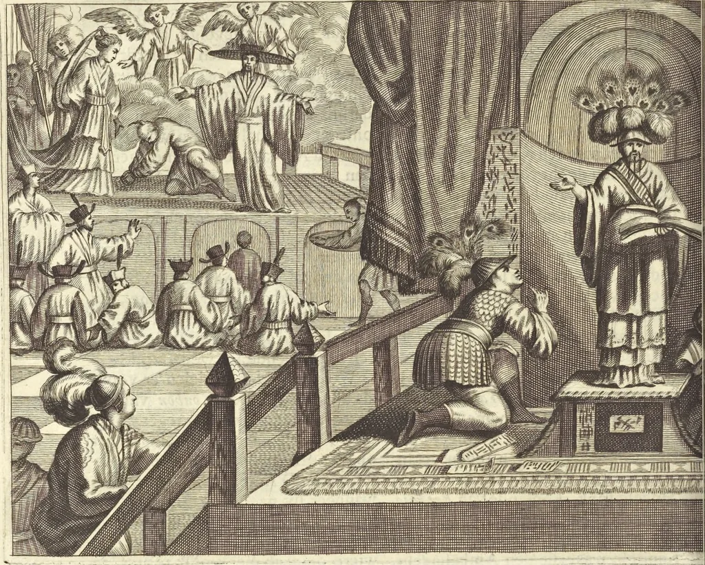An illustration from Gedenkwaerdig bedryf der Nederlandsche Oost-Indische Maetschappye, op de kuste en in het keizerrijk van Taising of Sina : behelzende het tweede gezandschap aen den onder-koning Singlamong en veldheer Taising Lipoui, door Jan van Kampen en Konstantyn Nobel : vervolgt met een verhael van het voorgevallen des jaers zestien hondert drie en vier en zestig, op de kuste van Sina, en ontrent d'eilanden Tayowan, Formosa, Ay en Quemuy, onder't gezag van Balthasar Bort : en het derde gezandschap aen Konchy, Tartarsche keizer van Sina en Oost-Tartarye : onder beleit van zijne ed. Pieter van Hoorn : beneffens een beschryving van geheel Sina : verçiert doorgaens met verscheide kopere platen, 1670, leaf 422