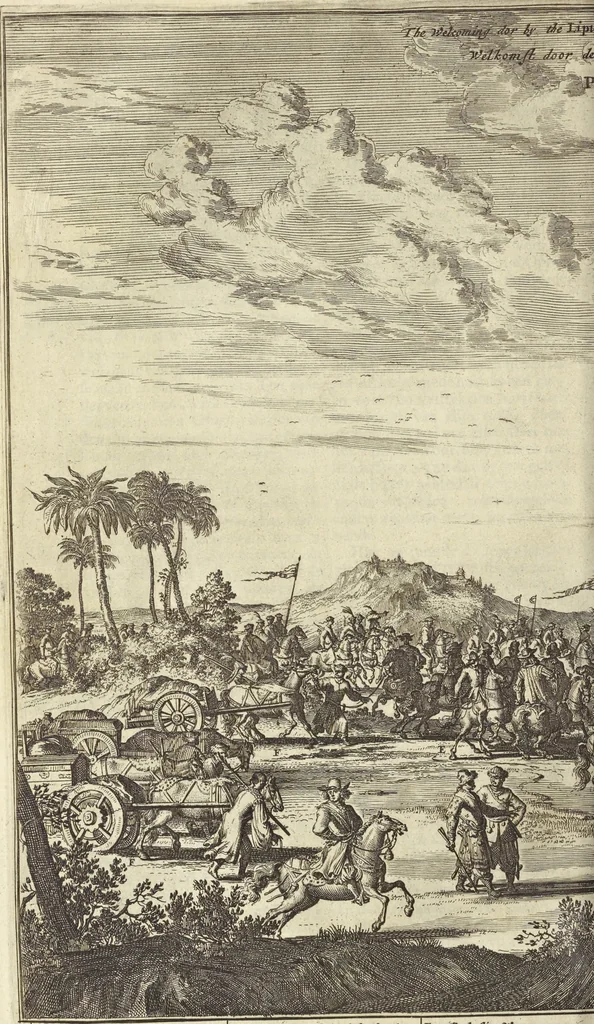 An illustration from Gedenkwaerdig bedryf der Nederlandsche Oost-Indische Maetschappye, op de kuste en in het keizerrijk van Taising of Sina : behelzende het tweede gezandschap aen den onder-koning Singlamong en veldheer Taising Lipoui, door Jan van Kampen en Konstantyn Nobel : vervolgt met een verhael van het voorgevallen des jaers zestien hondert drie en vier en zestig, op de kuste van Sina, en ontrent d'eilanden Tayowan, Formosa, Ay en Quemuy, onder't gezag van Balthasar Bort : en het derde gezandschap aen Konchy, Tartarsche keizer van Sina en Oost-Tartarye : onder beleit van zijne ed. Pieter van Hoorn : beneffens een beschryving van geheel Sina : verçiert doorgaens met verscheide kopere platen, 1670, leaf 438