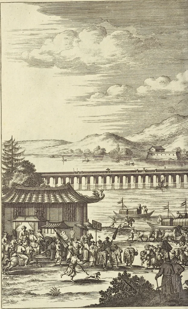 An illustration from Gedenkwaerdig bedryf der Nederlandsche Oost-Indische Maetschappye, op de kuste en in het keizerrijk van Taising of Sina : behelzende het tweede gezandschap aen den onder-koning Singlamong en veldheer Taising Lipoui, door Jan van Kampen en Konstantyn Nobel : vervolgt met een verhael van het voorgevallen des jaers zestien hondert drie en vier en zestig, op de kuste van Sina, en ontrent d'eilanden Tayowan, Formosa, Ay en Quemuy, onder't gezag van Balthasar Bort : en het derde gezandschap aen Konchy, Tartarsche keizer van Sina en Oost-Tartarye : onder beleit van zijne ed. Pieter van Hoorn : beneffens een beschryving van geheel Sina : verçiert doorgaens met verscheide kopere platen, 1670, leaf 442