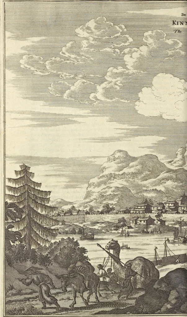 An illustration from Gedenkwaerdig bedryf der Nederlandsche Oost-Indische Maetschappye, op de kuste en in het keizerrijk van Taising of Sina : behelzende het tweede gezandschap aen den onder-koning Singlamong en veldheer Taising Lipoui, door Jan van Kampen en Konstantyn Nobel : vervolgt met een verhael van het voorgevallen des jaers zestien hondert drie en vier en zestig, op de kuste van Sina, en ontrent d'eilanden Tayowan, Formosa, Ay en Quemuy, onder't gezag van Balthasar Bort : en het derde gezandschap aen Konchy, Tartarsche keizer van Sina en Oost-Tartarye : onder beleit van zijne ed. Pieter van Hoorn : beneffens een beschryving van geheel Sina : verçiert doorgaens met verscheide kopere platen, 1670, leaf 450
