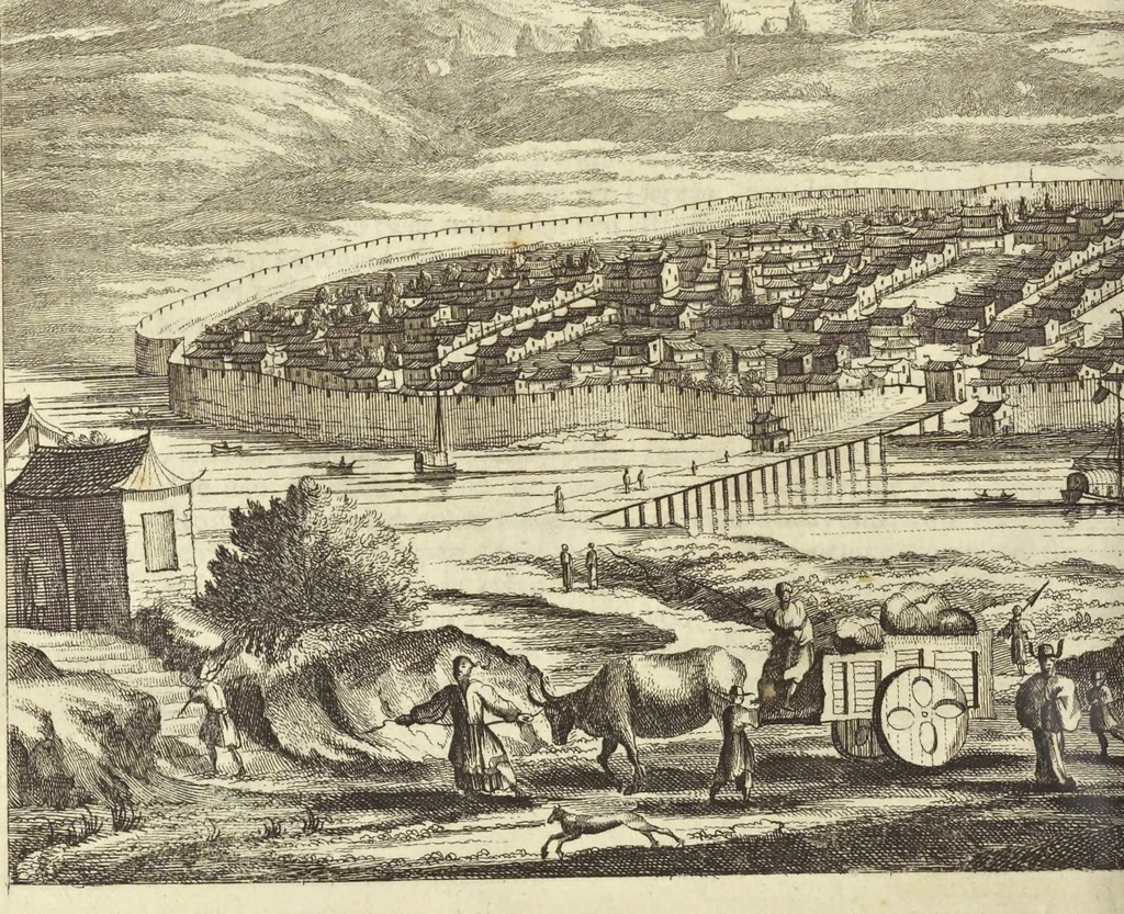An illustration from Gedenkwaerdig bedryf der Nederlandsche Oost-Indische Maetschappye, op de kuste en in het keizerrijk van Taising of Sina : behelzende het tweede gezandschap aen den onder-koning Singlamong en veldheer Taising Lipoui, door Jan van Kampen en Konstantyn Nobel : vervolgt met een verhael van het voorgevallen des jaers zestien hondert drie en vier en zestig, op de kuste van Sina, en ontrent d'eilanden Tayowan, Formosa, Ay en Quemuy, onder't gezag van Balthasar Bort : en het derde gezandschap aen Konchy, Tartarsche keizer van Sina en Oost-Tartarye : onder beleit van zijne ed. Pieter van Hoorn : beneffens een beschryving van geheel Sina : verçiert doorgaens met verscheide kopere platen, 1670, leaf 462