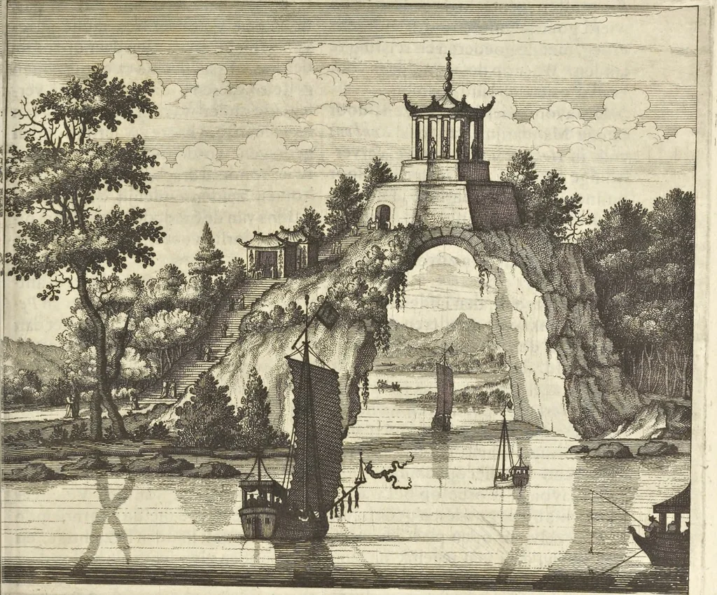 An illustration from Gedenkwaerdig bedryf der Nederlandsche Oost-Indische Maetschappye, op de kuste en in het keizerrijk van Taising of Sina : behelzende het tweede gezandschap aen den onder-koning Singlamong en veldheer Taising Lipoui, door Jan van Kampen en Konstantyn Nobel : vervolgt met een verhael van het voorgevallen des jaers zestien hondert drie en vier en zestig, op de kuste van Sina, en ontrent d'eilanden Tayowan, Formosa, Ay en Quemuy, onder't gezag van Balthasar Bort : en het derde gezandschap aen Konchy, Tartarsche keizer van Sina en Oost-Tartarye : onder beleit van zijne ed. Pieter van Hoorn : beneffens een beschryving van geheel Sina : verçiert doorgaens met verscheide kopere platen, 1670, leaf 465
