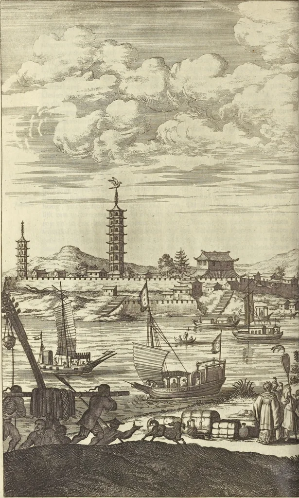 An illustration from Gedenkwaerdig bedryf der Nederlandsche Oost-Indische Maetschappye, op de kuste en in het keizerrijk van Taising of Sina : behelzende het tweede gezandschap aen den onder-koning Singlamong en veldheer Taising Lipoui, door Jan van Kampen en Konstantyn Nobel : vervolgt met een verhael van het voorgevallen des jaers zestien hondert drie en vier en zestig, op de kuste van Sina, en ontrent d'eilanden Tayowan, Formosa, Ay en Quemuy, onder't gezag van Balthasar Bort : en het derde gezandschap aen Konchy, Tartarsche keizer van Sina en Oost-Tartarye : onder beleit van zijne ed. Pieter van Hoorn : beneffens een beschryving van geheel Sina : verçiert doorgaens met verscheide kopere platen, 1670, leaf 478