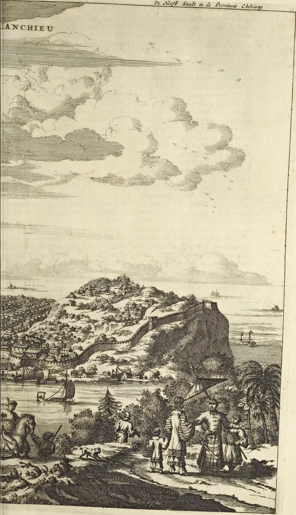 An illustration from Gedenkwaerdig bedryf der Nederlandsche Oost-Indische Maetschappye, op de kuste en in het keizerrijk van Taising of Sina : behelzende het tweede gezandschap aen den onder-koning Singlamong en veldheer Taising Lipoui, door Jan van Kampen en Konstantyn Nobel : vervolgt met een verhael van het voorgevallen des jaers zestien hondert drie en vier en zestig, op de kuste van Sina, en ontrent d'eilanden Tayowan, Formosa, Ay en Quemuy, onder't gezag van Balthasar Bort : en het derde gezandschap aen Konchy, Tartarsche keizer van Sina en Oost-Tartarye : onder beleit van zijne ed. Pieter van Hoorn : beneffens een beschryving van geheel Sina : verçiert doorgaens met verscheide kopere platen, 1670, leaf 485