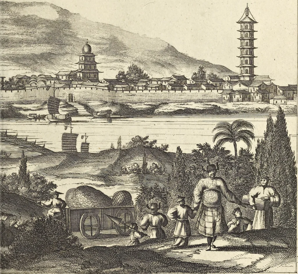 An illustration from Gedenkwaerdig bedryf der Nederlandsche Oost-Indische Maetschappye, op de kuste en in het keizerrijk van Taising of Sina : behelzende het tweede gezandschap aen den onder-koning Singlamong en veldheer Taising Lipoui, door Jan van Kampen en Konstantyn Nobel : vervolgt met een verhael van het voorgevallen des jaers zestien hondert drie en vier en zestig, op de kuste van Sina, en ontrent d'eilanden Tayowan, Formosa, Ay en Quemuy, onder't gezag van Balthasar Bort : en het derde gezandschap aen Konchy, Tartarsche keizer van Sina en Oost-Tartarye : onder beleit van zijne ed. Pieter van Hoorn : beneffens een beschryving van geheel Sina : verçiert doorgaens met verscheide kopere platen, 1670, leaf 497