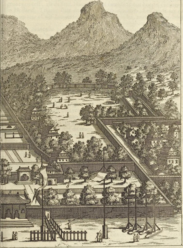 An illustration from Gedenkwaerdig bedryf der Nederlandsche Oost-Indische Maetschappye, op de kuste en in het keizerrijk van Taising of Sina : behelzende het tweede gezandschap aen den onder-koning Singlamong en veldheer Taising Lipoui, door Jan van Kampen en Konstantyn Nobel : vervolgt met een verhael van het voorgevallen des jaers zestien hondert drie en vier en zestig, op de kuste van Sina, en ontrent d'eilanden Tayowan, Formosa, Ay en Quemuy, onder't gezag van Balthasar Bort : en het derde gezandschap aen Konchy, Tartarsche keizer van Sina en Oost-Tartarye : onder beleit van zijne ed. Pieter van Hoorn : beneffens een beschryving van geheel Sina : verçiert doorgaens met verscheide kopere platen, 1670, leaf 501