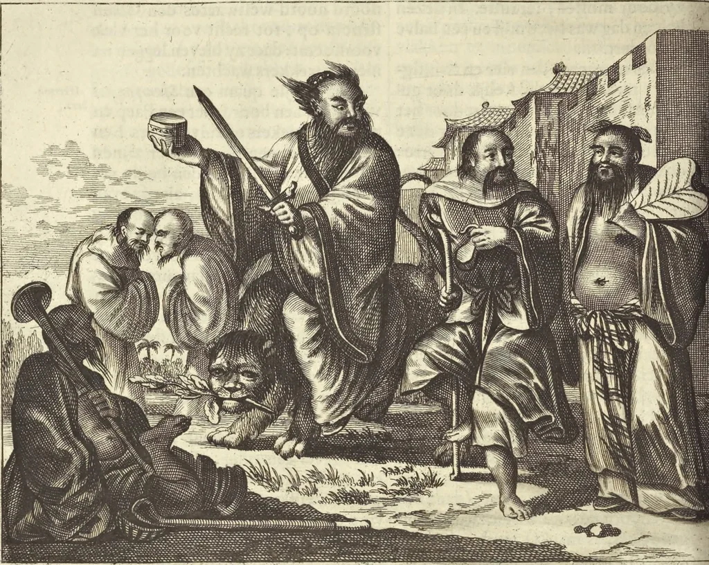 An illustration from Gedenkwaerdig bedryf der Nederlandsche Oost-Indische Maetschappye, op de kuste en in het keizerrijk van Taising of Sina : behelzende het tweede gezandschap aen den onder-koning Singlamong en veldheer Taising Lipoui, door Jan van Kampen en Konstantyn Nobel : vervolgt met een verhael van het voorgevallen des jaers zestien hondert drie en vier en zestig, op de kuste van Sina, en ontrent d'eilanden Tayowan, Formosa, Ay en Quemuy, onder't gezag van Balthasar Bort : en het derde gezandschap aen Konchy, Tartarsche keizer van Sina en Oost-Tartarye : onder beleit van zijne ed. Pieter van Hoorn : beneffens een beschryving van geheel Sina : verçiert doorgaens met verscheide kopere platen, 1670, leaf 524