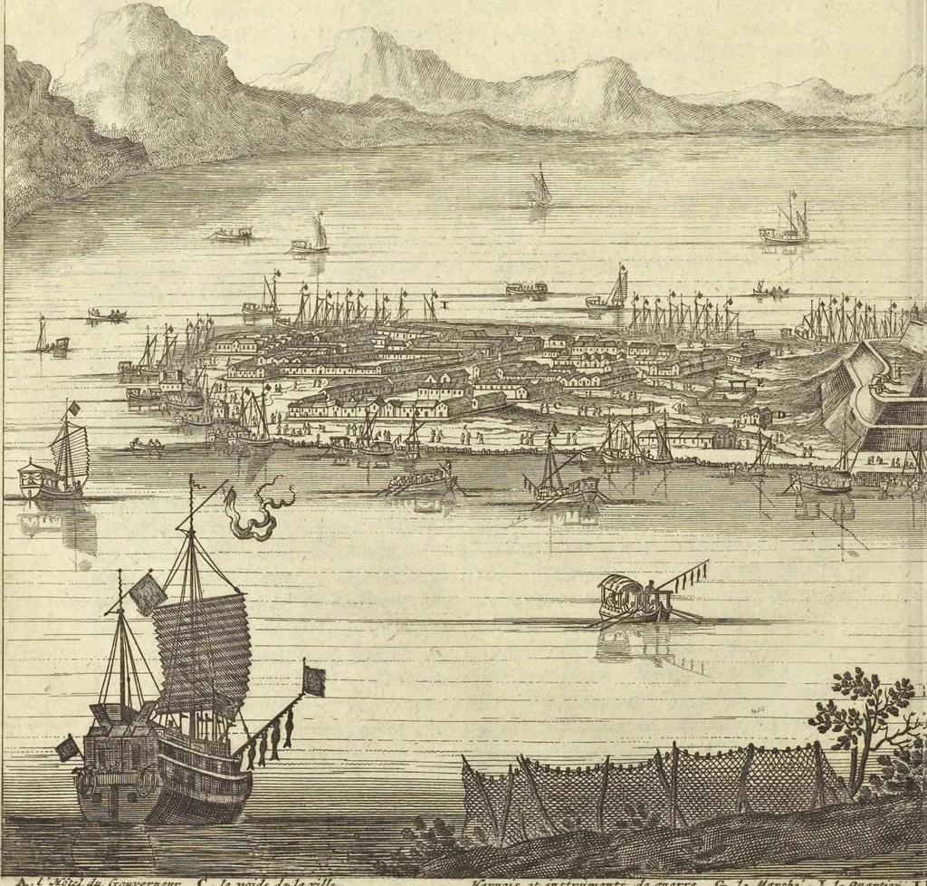 An illustration from Gedenkwaerdig bedryf der Nederlandsche Oost-Indische Maetschappye, op de kuste en in het keizerrijk van Taising of Sina : behelzende het tweede gezandschap aen den onder-koning Singlamong en veldheer Taising Lipoui, door Jan van Kampen en Konstantyn Nobel : vervolgt met een verhael van het voorgevallen des jaers zestien hondert drie en vier en zestig, op de kuste van Sina, en ontrent d'eilanden Tayowan, Formosa, Ay en Quemuy, onder't gezag van Balthasar Bort : en het derde gezandschap aen Konchy, Tartarsche keizer van Sina en Oost-Tartarye : onder beleit van zijne ed. Pieter van Hoorn : beneffens een beschryving van geheel Sina : verçiert doorgaens met verscheide kopere platen, 1670, leaf 53