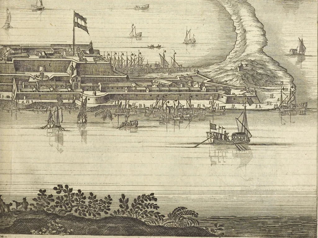 An illustration from Gedenkwaerdig bedryf der Nederlandsche Oost-Indische Maetschappye, op de kuste en in het keizerrijk van Taising of Sina : behelzende het tweede gezandschap aen den onder-koning Singlamong en veldheer Taising Lipoui, door Jan van Kampen en Konstantyn Nobel : vervolgt met een verhael van het voorgevallen des jaers zestien hondert drie en vier en zestig, op de kuste van Sina, en ontrent d'eilanden Tayowan, Formosa, Ay en Quemuy, onder't gezag van Balthasar Bort : en het derde gezandschap aen Konchy, Tartarsche keizer van Sina en Oost-Tartarye : onder beleit van zijne ed. Pieter van Hoorn : beneffens een beschryving van geheel Sina : verçiert doorgaens met verscheide kopere platen, 1670, leaf 54