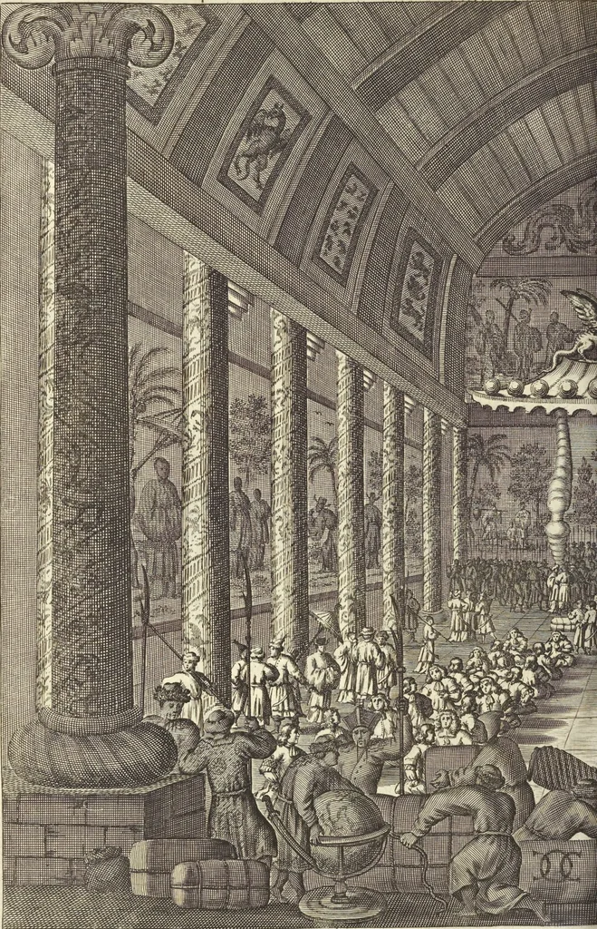 An illustration from Gedenkwaerdig bedryf der Nederlandsche Oost-Indische Maetschappye, op de kuste en in het keizerrijk van Taising of Sina : behelzende het tweede gezandschap aen den onder-koning Singlamong en veldheer Taising Lipoui, door Jan van Kampen en Konstantyn Nobel : vervolgt met een verhael van het voorgevallen des jaers zestien hondert drie en vier en zestig, op de kuste van Sina, en ontrent d'eilanden Tayowan, Formosa, Ay en Quemuy, onder't gezag van Balthasar Bort : en het derde gezandschap aen Konchy, Tartarsche keizer van Sina en Oost-Tartarye : onder beleit van zijne ed. Pieter van Hoorn : beneffens een beschryving van geheel Sina : verçiert doorgaens met verscheide kopere platen, 1670, leaf 550