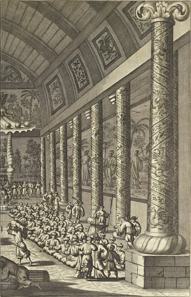 An illustration from Gedenkwaerdig bedryf der Nederlandsche Oost-Indische Maetschappye, op de kuste en in het keizerrijk van Taising of Sina : behelzende het tweede gezandschap aen den onder-koning Singlamong en veldheer Taising Lipoui, door Jan van Kampen en Konstantyn Nobel : vervolgt met een verhael van het voorgevallen des jaers zestien hondert drie en vier en zestig, op de kuste van Sina, en ontrent d'eilanden Tayowan, Formosa, Ay en Quemuy, onder't gezag van Balthasar Bort : en het derde gezandschap aen Konchy, Tartarsche keizer van Sina en Oost-Tartarye : onder beleit van zijne ed. Pieter van Hoorn : beneffens een beschryving van geheel Sina : verçiert doorgaens met verscheide kopere platen, 1670, leaf 551