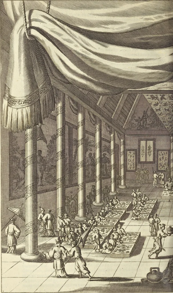 An illustration from Gedenkwaerdig bedryf der Nederlandsche Oost-Indische Maetschappye, op de kuste en in het keizerrijk van Taising of Sina : behelzende het tweede gezandschap aen den onder-koning Singlamong en veldheer Taising Lipoui, door Jan van Kampen en Konstantyn Nobel : vervolgt met een verhael van het voorgevallen des jaers zestien hondert drie en vier en zestig, op de kuste van Sina, en ontrent d'eilanden Tayowan, Formosa, Ay en Quemuy, onder't gezag van Balthasar Bort : en het derde gezandschap aen Konchy, Tartarsche keizer van Sina en Oost-Tartarye : onder beleit van zijne ed. Pieter van Hoorn : beneffens een beschryving van geheel Sina : verçiert doorgaens met verscheide kopere platen, 1670, leaf 566