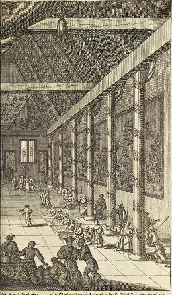 An illustration from Gedenkwaerdig bedryf der Nederlandsche Oost-Indische Maetschappye, op de kuste en in het keizerrijk van Taising of Sina : behelzende het tweede gezandschap aen den onder-koning Singlamong en veldheer Taising Lipoui, door Jan van Kampen en Konstantyn Nobel : vervolgt met een verhael van het voorgevallen des jaers zestien hondert drie en vier en zestig, op de kuste van Sina, en ontrent d'eilanden Tayowan, Formosa, Ay en Quemuy, onder't gezag van Balthasar Bort : en het derde gezandschap aen Konchy, Tartarsche keizer van Sina en Oost-Tartarye : onder beleit van zijne ed. Pieter van Hoorn : beneffens een beschryving van geheel Sina : verçiert doorgaens met verscheide kopere platen, 1670, leaf 567