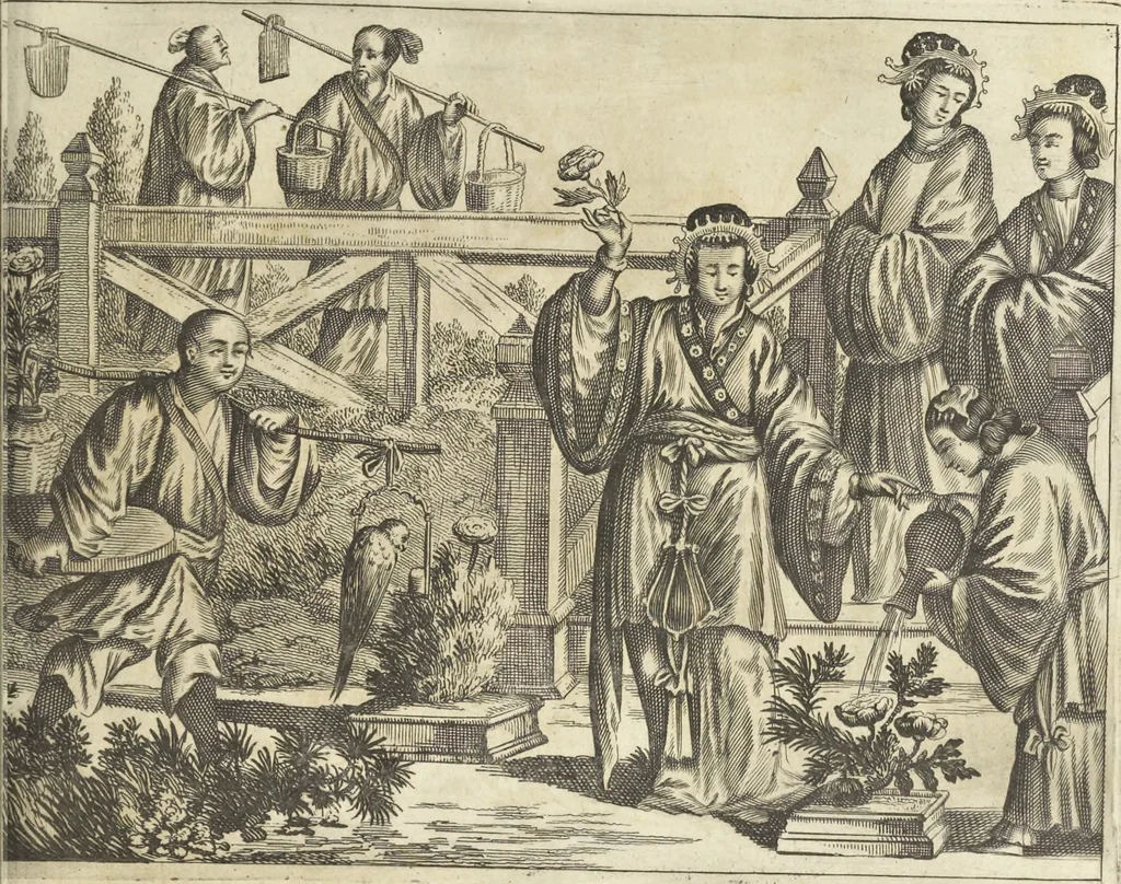 An illustration from Gedenkwaerdig bedryf der Nederlandsche Oost-Indische Maetschappye, op de kuste en in het keizerrijk van Taising of Sina : behelzende het tweede gezandschap aen den onder-koning Singlamong en veldheer Taising Lipoui, door Jan van Kampen en Konstantyn Nobel : vervolgt met een verhael van het voorgevallen des jaers zestien hondert drie en vier en zestig, op de kuste van Sina, en ontrent d'eilanden Tayowan, Formosa, Ay en Quemuy, onder't gezag van Balthasar Bort : en het derde gezandschap aen Konchy, Tartarsche keizer van Sina en Oost-Tartarye : onder beleit van zijne ed. Pieter van Hoorn : beneffens een beschryving van geheel Sina : verçiert doorgaens met verscheide kopere platen, 1670, leaf 573