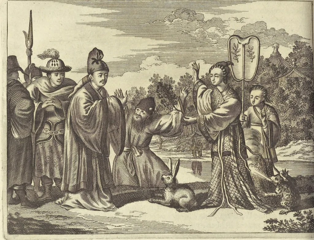 An illustration from Gedenkwaerdig bedryf der Nederlandsche Oost-Indische Maetschappye, op de kuste en in het keizerrijk van Taising of Sina : behelzende het tweede gezandschap aen den onder-koning Singlamong en veldheer Taising Lipoui, door Jan van Kampen en Konstantyn Nobel : vervolgt met een verhael van het voorgevallen des jaers zestien hondert drie en vier en zestig, op de kuste van Sina, en ontrent d'eilanden Tayowan, Formosa, Ay en Quemuy, onder't gezag van Balthasar Bort : en het derde gezandschap aen Konchy, Tartarsche keizer van Sina en Oost-Tartarye : onder beleit van zijne ed. Pieter van Hoorn : beneffens een beschryving van geheel Sina : verçiert doorgaens met verscheide kopere platen, 1670, leaf 580