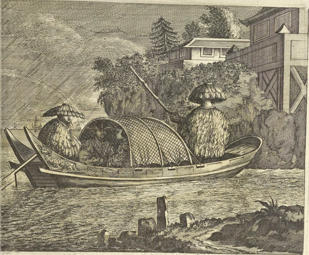 An illustration from Gedenkwaerdig bedryf der Nederlandsche Oost-Indische Maetschappye, op de kuste en in het keizerrijk van Taising of Sina : behelzende het tweede gezandschap aen den onder-koning Singlamong en veldheer Taising Lipoui, door Jan van Kampen en Konstantyn Nobel : vervolgt met een verhael van het voorgevallen des jaers zestien hondert drie en vier en zestig, op de kuste van Sina, en ontrent d'eilanden Tayowan, Formosa, Ay en Quemuy, onder't gezag van Balthasar Bort : en het derde gezandschap aen Konchy, Tartarsche keizer van Sina en Oost-Tartarye : onder beleit van zijne ed. Pieter van Hoorn : beneffens een beschryving van geheel Sina : verçiert doorgaens met verscheide kopere platen, 1670, leaf 595