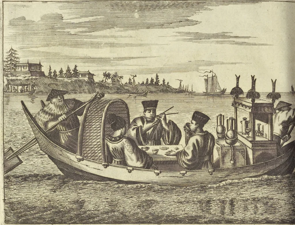An illustration from Gedenkwaerdig bedryf der Nederlandsche Oost-Indische Maetschappye, op de kuste en in het keizerrijk van Taising of Sina : behelzende het tweede gezandschap aen den onder-koning Singlamong en veldheer Taising Lipoui, door Jan van Kampen en Konstantyn Nobel : vervolgt met een verhael van het voorgevallen des jaers zestien hondert drie en vier en zestig, op de kuste van Sina, en ontrent d'eilanden Tayowan, Formosa, Ay en Quemuy, onder't gezag van Balthasar Bort : en het derde gezandschap aen Konchy, Tartarsche keizer van Sina en Oost-Tartarye : onder beleit van zijne ed. Pieter van Hoorn : beneffens een beschryving van geheel Sina : verçiert doorgaens met verscheide kopere platen, 1670, leaf 596